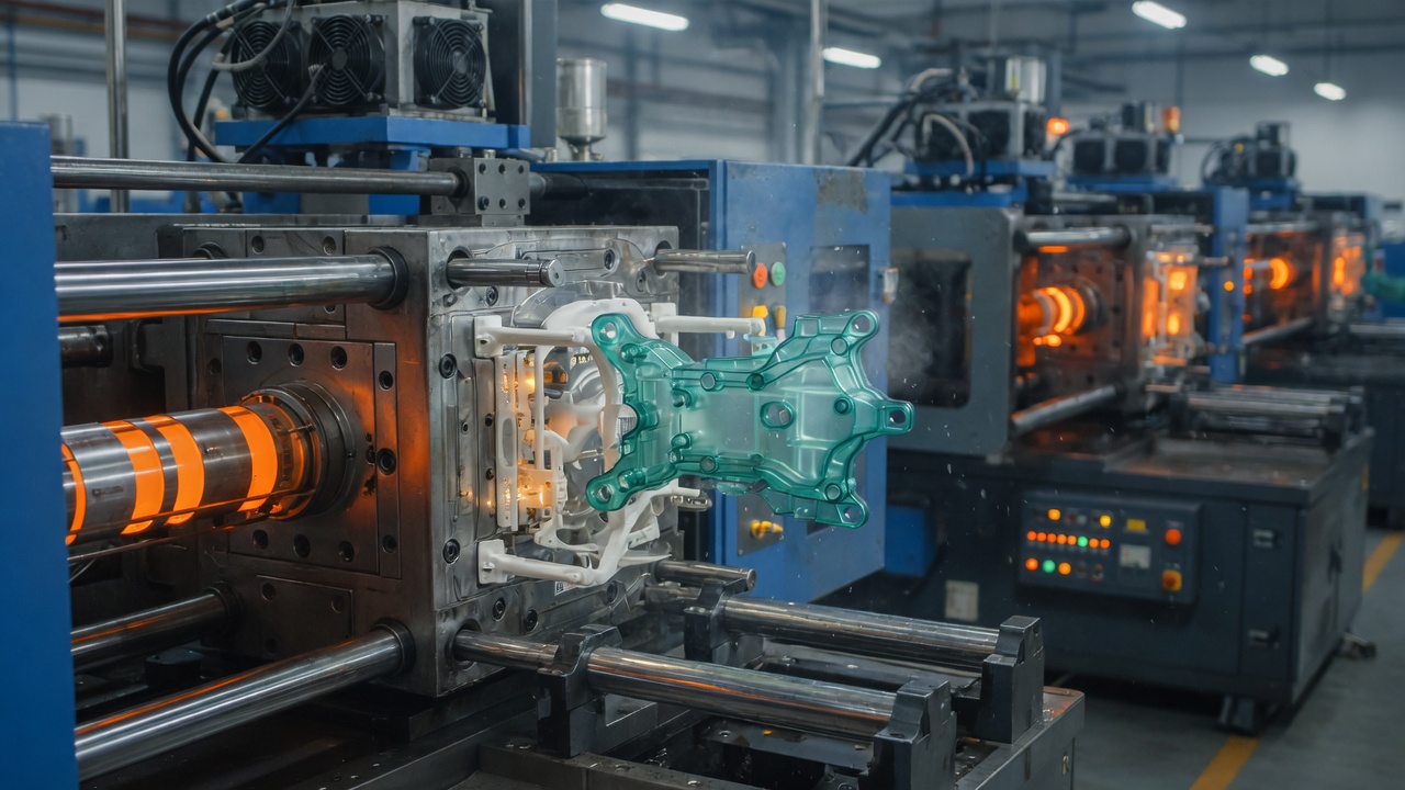 Linha de injeção plástica com peça recém-moldada saindo do molde