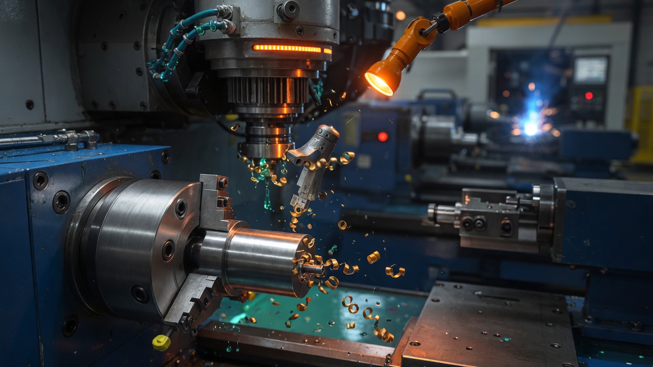 Centro de usinagem CNC com cavacos voando, ao fundo flash de solda em caldeiraria